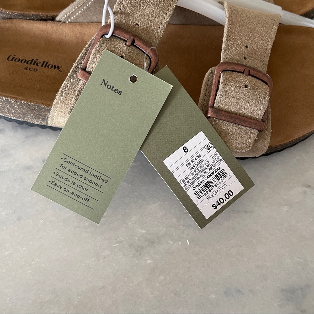 Goodfellow & Co Suede Double Buckle Slide Sandals Tan Size 8 NWT Cork Footbed - Picture 2 of 3